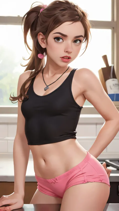 bra under tank top, bra, tank top,pink bra under tank top, pink bra, black tank top,score_9, score_8_up, score_7_up, 1 girl, (flat chest:1.2), wearing very small black pajama shorts and a skimpy cropped top, leaning against a kitchen counter, ponytail, nec...