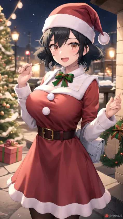 masterpiece, best quality, high quality, girl, solo, looking at viewer, Ash Ketchum, Black hair, Brown eyes, large breasts, christmas Dress, standing, smile, open mouth, outdoors 