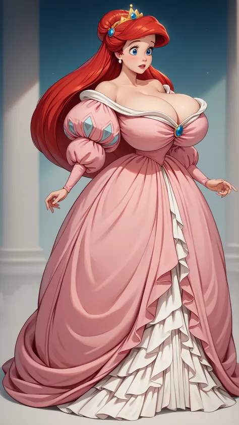pink outfit, pink dress, juliet sleeves,1girl, Ariel, red hair, blue eyes,breasts,Gigantic breasts,hair ornament, jewelry, puffy sleeves, pink dress, off-shoulder dress, Disney Princess Ariel, The skirt is full and flowing, made from layers of soft, pale p...