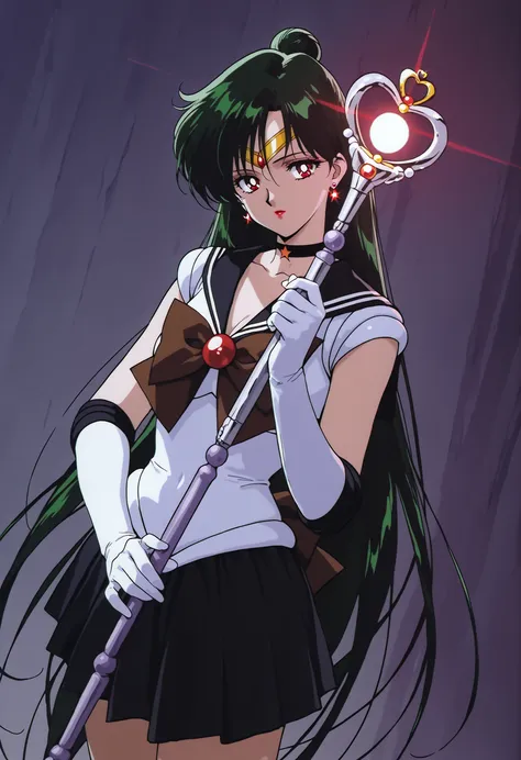 masterpiece, amazing quality, best quality, ultra-detailed, 8K, illustration, ultra-detailed-eyes, soft skin, very awa, very as2, soft body, 1990s \(style\), official art, setsuna meiou, long hair, red eyes, very long hair, green hair, hair bun, single hai...