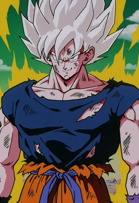 masterpiece, mejor calidad, Son Goku, Alone , pelo rubio, yellow aura , Simple Background, shirt, a boy, standing, upper body, white hair, male focus, sky, pants, cloud, ojos negros, Ripped clothing, Muscular, frown, cloudy sky, pointed hair, smile burlona...