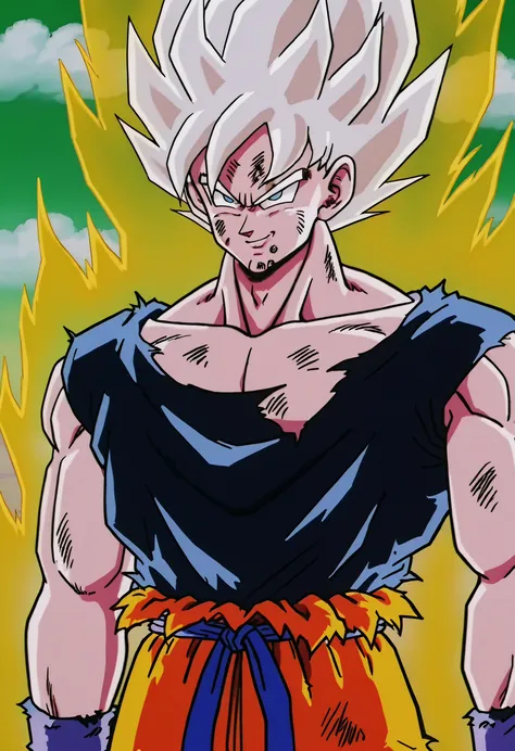 masterpiece, mejor calidad, Son Goku, Alone , pelo rubio, yellow aura , Simple Background, shirt, a boy, standing, upper body, white hair, male focus, sky, pants, cloud, ojos negros, Ripped clothing, Muscular, frown, cloudy sky, pointed hair, smile burlona...