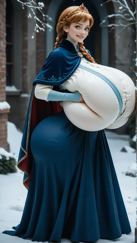 Disney Princess Anna with gigantic breasts, ((((((gigantic breasts)))))), (breast squeeze), (((gigantic butt))), ((from side)), AnnaXLP, blue dress, long skirt, elbow gloves, cape, capelet, corset, twin braids, narrow waist, wide hips, thick thighs, lookin...