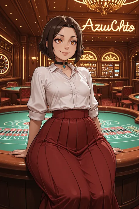 Azula , amber eyes . wavy dark brown hair strands above her shoulders. short hair. small breasts. huge hips. choker. | Masterpiece, newest, perfect quality, best quality, 1girl, solo, smile, starry eyes, sitting, behind table, roulette table, cowboy shot,...