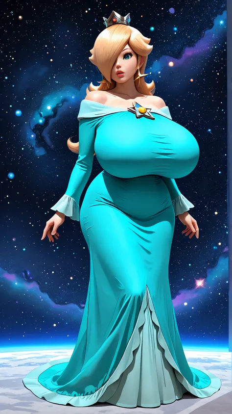 (Princess Rosalina), ((gigantic breasts)), (2.5D), Rosalina has platinum blonde hair and is wearing her light blue gown. her hair covers her right eye. RslnDef, hair over one eye, crown, bare shoulders, off-shoulder dress, long sleeves, blue dress, long dr...