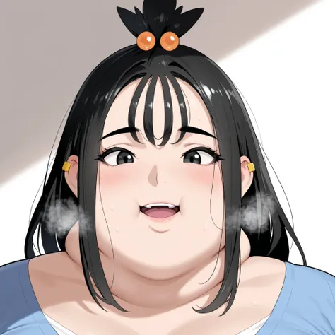 zalida, lida \(pokemon\), aged up, black hair, black eyes, long hair, bangs, sidelocks, topknot, hair bobbles, ear piercing, masterpiece,best quality,amazing quality,bulging belly, fat, chubby, obese, open mouth, out of breath, absurdres, portrait, pov bel...