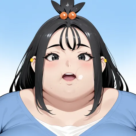 zalida, lida \(pokemon\), aged up, black hair, black eyes, long hair, bangs, sidelocks, topknot, hair bobbles, ear piercing, masterpiece,best quality,amazing quality,bulging belly, fat, chubby, obese, open mouth, out of breath, absurdres, portrait, pov bel...