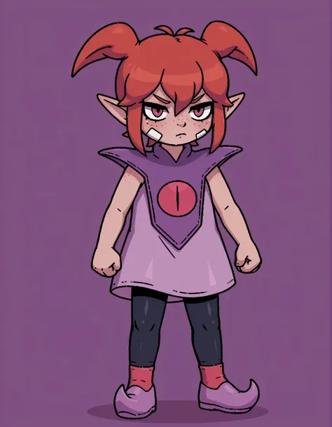 (DQB_DT), Beebz (Demon Turf),, solo, red hair, antenna hair, short twintails, sidelocks, pointy ears, hair between eyes, freckles, bandaid on cheek,, sleeveless dress, pink dress, purple capelet, black leggings, red socks, pointy shoes, purple footwear