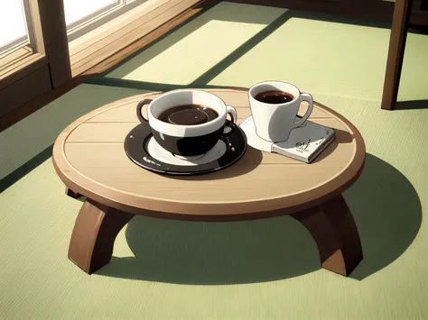 coffee package design book, minimalist still life, warm morning light, wooden table, ceramic coffee cup, soft shadows, Japanese aesthetic, calm atmosphere, design book open on table, muted colors, high quality, editorial photography style, cozy and quiet m...