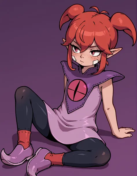 (DQB_DT), Beebz (Demon Turf),, coast,, solo, red hair, antenna hair, short twintails, sidelocks, pointy ears, hair between eyes, freckles, bandaid on cheek,, sleeveless dress, pink dress, purple capelet, black leggings, red socks, pointy shoes, purple foot...