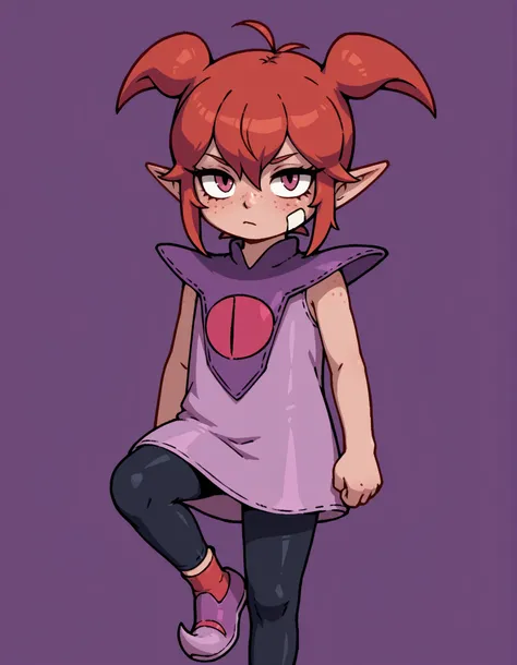 (DQB_DT), Beebz (Demon Turf),, coast,, solo, red hair, antenna hair, short twintails, sidelocks, pointy ears, hair between eyes, freckles, bandaid on cheek,, sleeveless dress, pink dress, purple capelet, black leggings, red socks, pointy shoes, purple foot...
