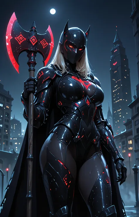 jimlee style, comicbook illustration, the main subject is batman, batman standing on highest skyscraper rooftop, She's is surrounded by shadows and She's cowl making She's face completely black with only two white visible, She's is wearing armored suit and...