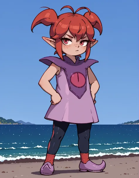 (DQB_DT), Beebz (Demon Turf),, (coast:1.3),, solo, red hair, antenna hair, short twintails, sidelocks, pointy ears, freckles,, sleeveless dress, pink dress, purple capelet, black leggings, red socks, pointy shoes, purple footwear