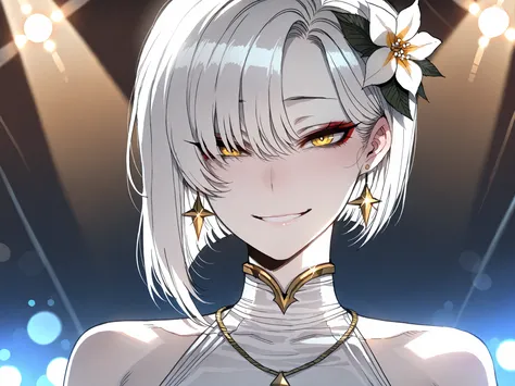 ratatatat74 style,masterpiece, best quality, highres, 1girl, solo, 2D anime, cel shading, medium close-up portrait, looking at viewer, short hair, white hair, asymmetrical bob, bangs covering one eye, white frangipani flower hair ornament, yellow eyes, red...