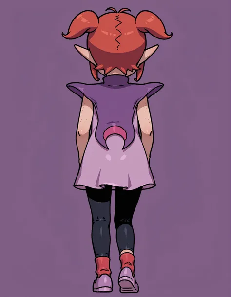 (DQB_DT), Beebz (Demon Turf),, (Back view),, solo, red hair, antenna hair, short twintails, sidelocks, pointy ears, freckles,, sleeveless dress, pink dress, purple capelet, black leggings, red socks, pointy shoes, purple footwear