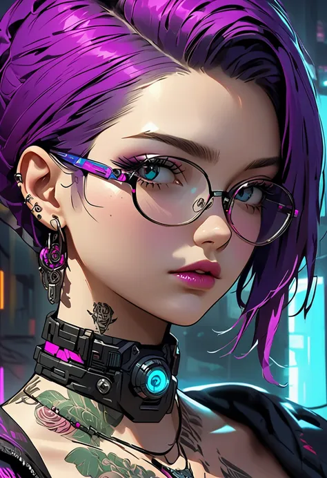 ((centered image, a close up of a woman with tattoos on her neck and face , Beautiful face of a cyberpunk girl , great Digital Art with details, with glasses you can see the reflection in the glasses of the glasses :1.5)), arte digital. , Detailed woman, f...