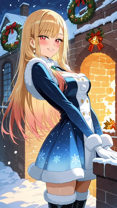 BREAK (masterpiece:1.2),highly detailed realistic anime background, snow-covered cottage,
warm orange windows glowing,
wreath on the door,
smoke rising from chimney,
snow slowly falling,
calm magical Christmas night, marin kitagawa, long hair, ba...