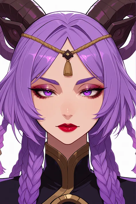 masterpiece, best quality, 1female, beautiful, portrait, deep makeup, lipstick, 1girl, yunara_ionian, purple eyes, purple hair, 4braids, multiple braids, hair tie, hair_ornament, horns, tassel, cartoon color, yunara