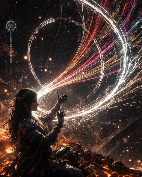 At the heart of an abstract cosmos, a goddess of destiny with dark hair and bright eyes manipulates an infinite loom, from which vibrant threads emerge that represent the destinies of men. The scene merges Greek mythological elements with modern surrealism...