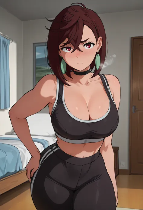 score_9, score_8_up, score_7_up, score_6_up, source_anime, highres, masterpiece, best quality, intricate details, detailed face, looking at viewer, 1girl, ayase momo, 1girl, solo, brown hair, red eyes, black choker, earrings, large breasts,, CLEAVAGE, nose...