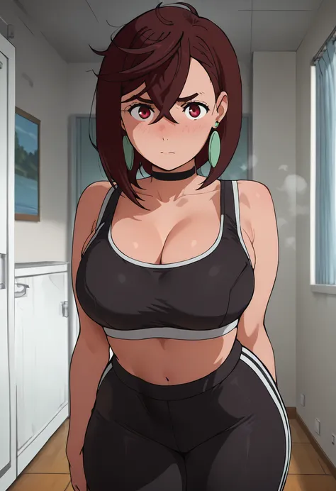 score_9, score_8_up, score_7_up, score_6_up, source_anime, highres, masterpiece, best quality, intricate details, detailed face, looking at viewer, 1girl, ayase momo, 1girl, solo, brown hair, red eyes, black choker, earrings, large breasts,, CLEAVAGE, nose...