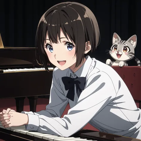 gray pheasant tiger cat、short cut girl with Usopp nearby、 playing the piano、younger, Black-haired character , presumably children or teenagers , , Smile of joy, dynamically drawn , dark gray similar to cats and dogs, background full of stars. They have w...