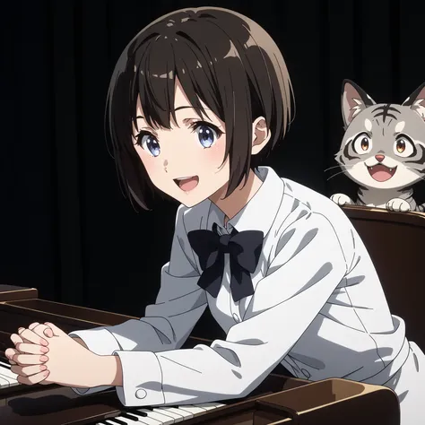 gray pheasant tiger cat、short cut girl with Usopp nearby、 playing the piano、younger, Black-haired character , presumably children or teenagers , , Smile of joy, dynamically drawn , dark gray similar to cats and dogs, background full of stars. They have w...