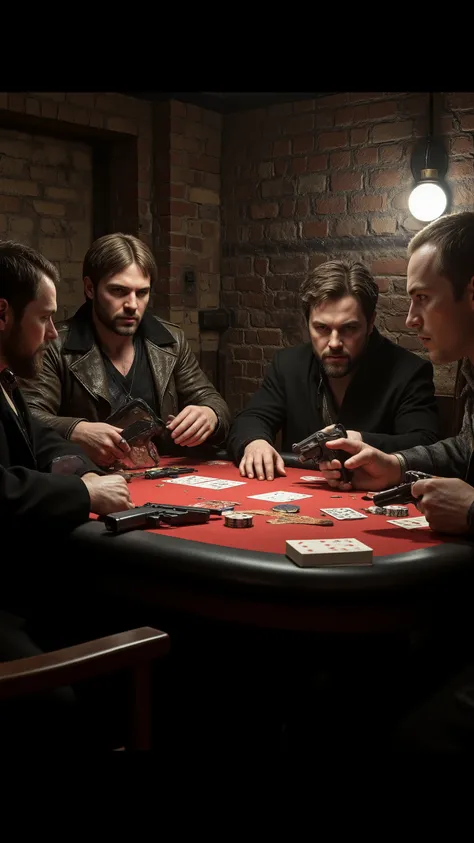 highdefinition picture、underground brick casino、Men hanging out at poker、cards and handguns on the table