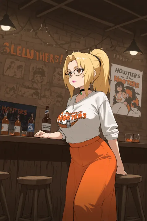 Tsunade Senju . Grandmother . long hair , blond hair tied in two ponytail . brown eyes . pink lipstick . medium breasts . chubby. choker , | A lively Hooters-style sports bar interior, warmly lit with neon orange and amber tones. The space is filled with w...