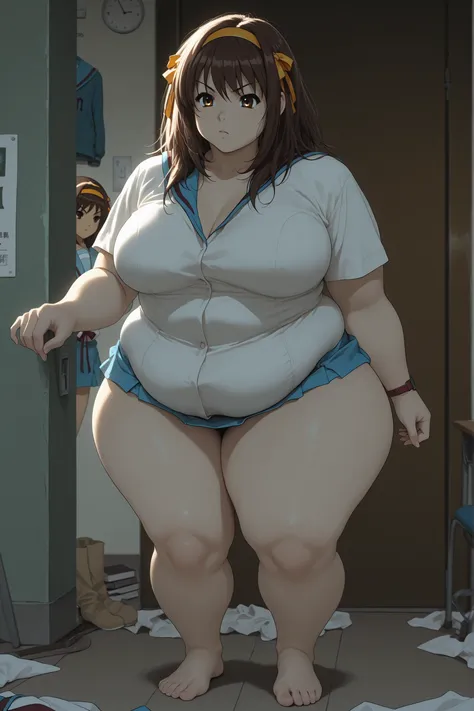 haruhi suzumiya, brown eyes, brown hair, medium hair, hairband, hair ribbon, ,skirt, long sleeves, school uniform, serafuku, sailor collar, blue skirt, blue sailor collar, winter uniform, kita high school uniform