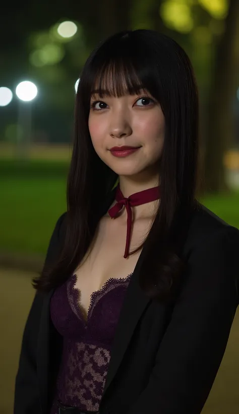 relaxed atmosphere。Walking through a dark park at midnight。is wearing a suit。See through purple lace bra and thong。holding the bridle {x} wearing a red collar。Beautiful Cleavage。A Woman Smiles Embarrassingly、the face looks bright and elegant。hair is black、...