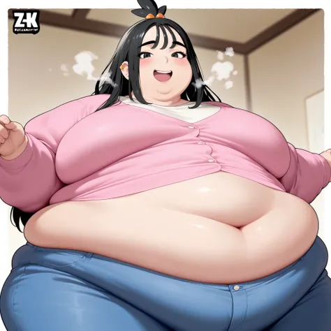 zalida, lida \(pokemon\), aged up, black hair, black eyes, long hair, bangs, sidelocks, topknot, hair bobbles, ear piercing, masterpiece,best quality,amazing quality,bulging belly, fat, chubby, obese, open mouth, out of breath, absurdres, swollen face, mas...