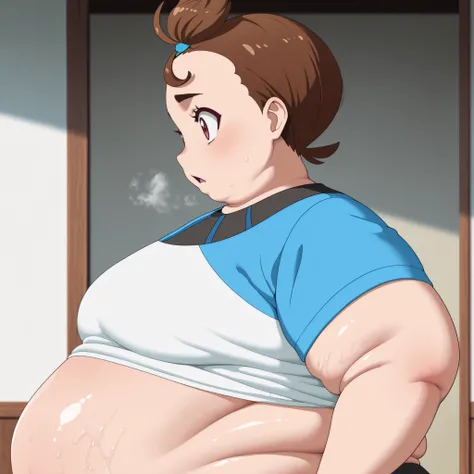 verity, upper body, closed mouth, red eyes, very short hair, top knot, short sleeves, brown eyes, masterpiece,best quality,amazing quality,bulging belly, fat, chubby, obese, open mouth, out of breath, absurdres, portrait, pov belly, straight-on, from side,...