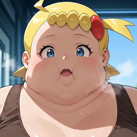 zzBonnie, bonnie_(pokemon), blue eyes, ahoge, blonde hair, hair ornament, short hair, side ponytail, masterpiece,best quality,amazing quality,bulging belly, fat, chubby, obese, open mouth, out of breath, absurdres, portrait, pov belly, straight-on, from si...