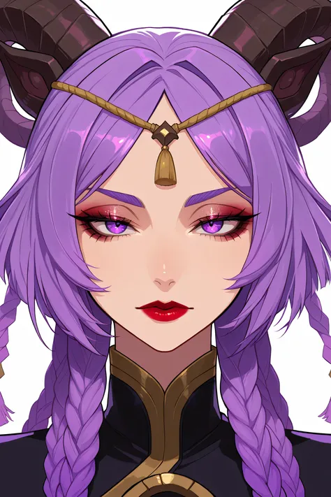 masterpiece, best quality, 1female, beautiful, portrait, deep makeup, lipstick, 1girl, yunara_ionian, purple eyes, purple hair, 4braids, multiple braids, hair tie, hair_ornament, horns, tassel, cartoon color, yunara