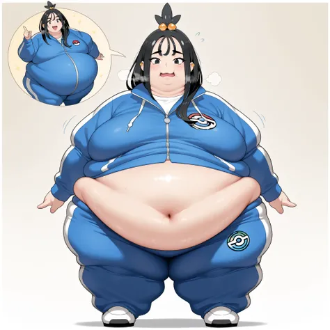 zalida, lida \(pokemon\), aged up, black hair, black eyes, long hair, bangs, sidelocks, topknot, hair bobbles, ear piercing, masterpiece,best quality,amazing quality,bulging belly, fat, chubby, obese, open mouth, out of breath, absurdres, swollen face, mas...