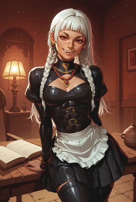 Woman looks like a mix of Elena and Juri Han from Street Fighter 6. Cute girl. Bronzefarbene Haut. She has a horizontal scar over her nose. She has sharp teeth. pointed fangs in her mouth. your body is athletic, with muscles and abs. B-Cup. Sie hat schmale...