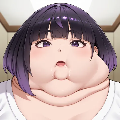 gwynn, gwynn \(pokemon\), gradient hair, black hair, purple hair, short hair, asymmetrical sidelocks, bob cut, purple eyes, masterpiece,best quality,amazing quality,bulging belly, fat, chubby, obese, open mouth, out of breath, absurdres, portrait, pov bell...
