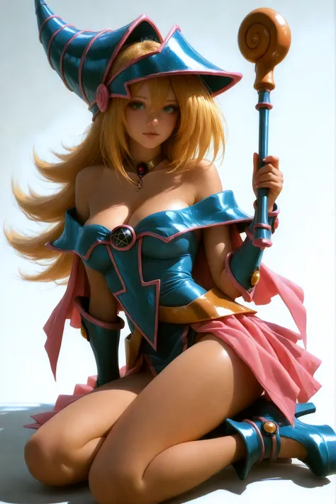 Dark Magician Girl with realistic clothes, less big hair, high platform pumps instead of her usual footwear, tiara instead of her usual hat, chocker instead of her usual necklace.