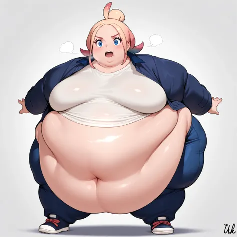 taunie, aged up, taunie \(pokemon\), pink hair, blonde hair, gradient hair, multicolored hair, single hair bun, ahoge, blue eyes, short hair, sidelocks, masterpiece,best quality,amazing quality,bulging belly, fat, chubby, obese, open mouth, out of breath, ...