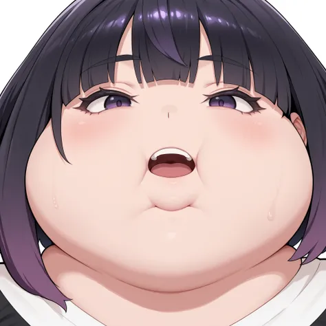 gwynn, gwynn \(pokemon\), gradient hair, black hair, purple hair, short hair, asymmetrical sidelocks, bob cut, purple eyes, masterpiece,best quality,amazing quality,bulging belly, fat, chubby, obese, open mouth, out of breath, absurdres, portrait, pov bell...