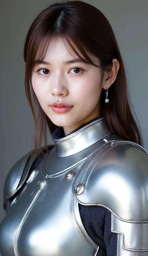 neat young woman wearing luxurious silver armor、、female knight、、漆黒の髪、、ear piercings、looking at camera、looking directly in front、、口を閉じている、への字口、、、face close-up、grey background、