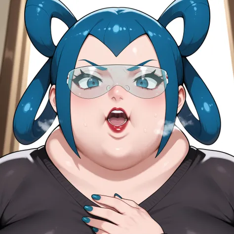 zamable, mable \(pokemon\), blue hair, bangs, hair rings, blue eyes, red lips, blue nails, safety glasses, masterpiece,best quality,amazing quality,bulging belly, fat, chubby, obese, open mouth, out of breath, absurdres, portrait, pov belly, straight-on, f...