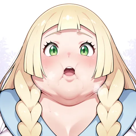 lillie (pokemon), long hair, twin braids, blonde hair, blunt bangs, green eyes, masterpiece,best quality,amazing quality,bulging belly, fat, chubby, obese, open mouth, out of breath, absurdres, portrait, pov belly, straight-on, from side, swollen face, mas...