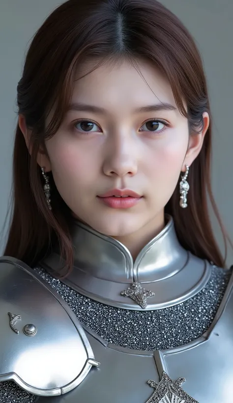 neat young woman wearing luxurious silver armor、、female knight、、漆黒の髪、、ear piercings、looking at camera、looking directly in front、、口を閉じている、への字口、、、face close-up、grey background、