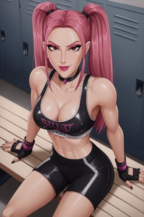 BREAK, score_6_up, score_7_up, score_8_up, score_9, 1girl, solo, kpdh_m1ra, long hair, dark pink hair, brown eyes, twintails, black choker, lipstick, makeup, official KPop Demon Hunters aesthetic, medium breasts, busty, cleavage, curvy, athletic, looking a...