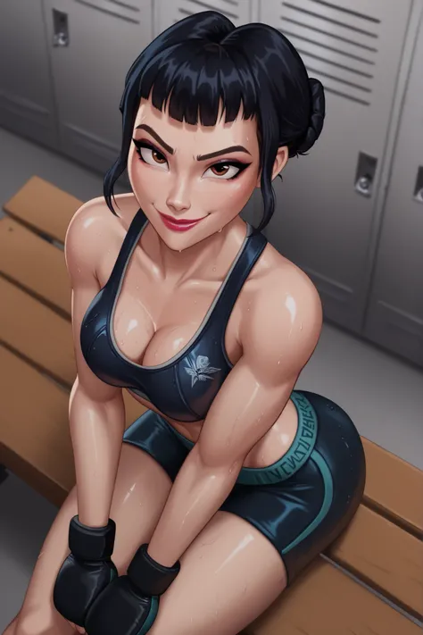 BREAK, score_6_up, score_7_up, score_8_up, score_9, 1girl, solo, kpdh_z0ey, black hair, short hair, hair bun, brown eyes, blunt bangs, lipstick, makeup, official KPop Demon Hunters aesthetic, medium breasts, busty, cleavage, curvy, athletic, looking at vie...