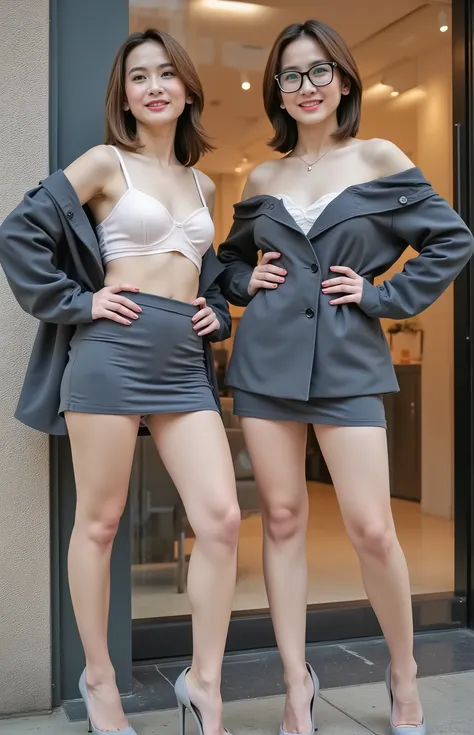 Panty pull, A photo-realistic 8K shot. 2 beautiful chinese young girls. both have fat thighs, long legs, working as bank teller. light cotton sheer bra. deep v cut tight dark gray office blazer with off shoulder reveal light cotton sheer bra. outdoor stree...