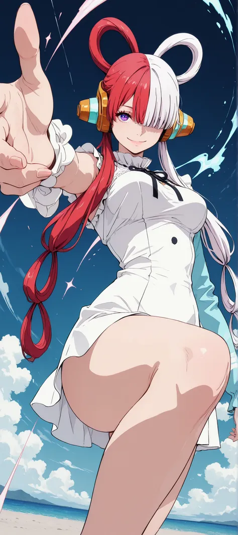 intricate details, High Quality, aesthetic, ultra detailed, (masterpiece, detailed:1.2), ((dramatic knee-length image)), Fantasy eyes, medium breasts, body fit, soft curves, uta,1girl,Alone,headphones,multicolored hair,two-tone hair,white hair,split-color ...