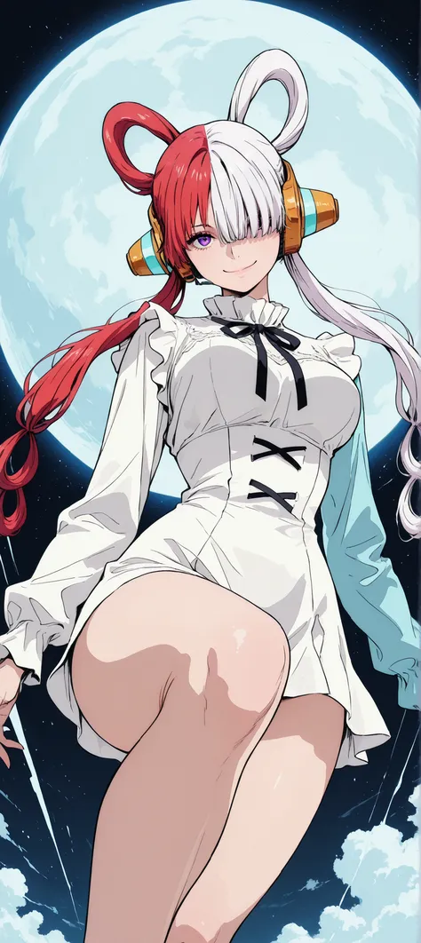 intricate details, High Quality, aesthetic, ultra detailed, (masterpiece, detailed:1.2), ((dramatic knee-length image)), Fantasy eyes, medium breasts, body fit, soft curves, uta,1girl,Alone,headphones,multicolored hair,two-tone hair,white hair,split-color ...